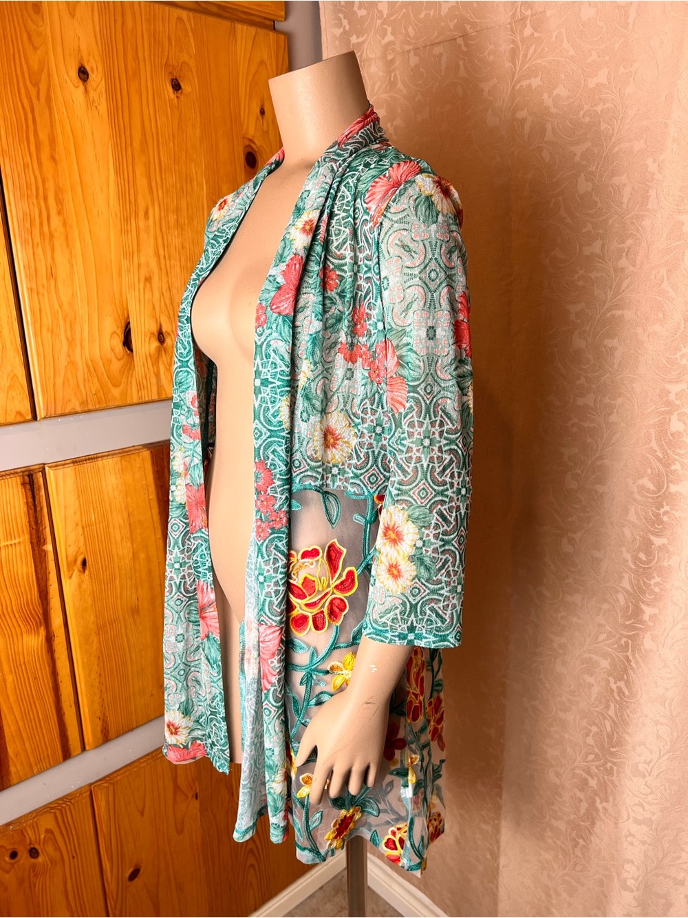 RUBY RD. Turquoise Embroidered Floral Sheer Mesh Flowy Kimono Cardigan - Sz S